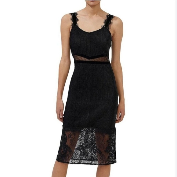 French Connection Dresses & Skirts - ❤️HOST PICK❤️ French Connection Velvet  Lace Hem Stretch Dress Black size…